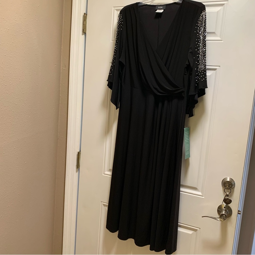 MSK Black Plunge Neck Flutter Sleeve Midi Dress